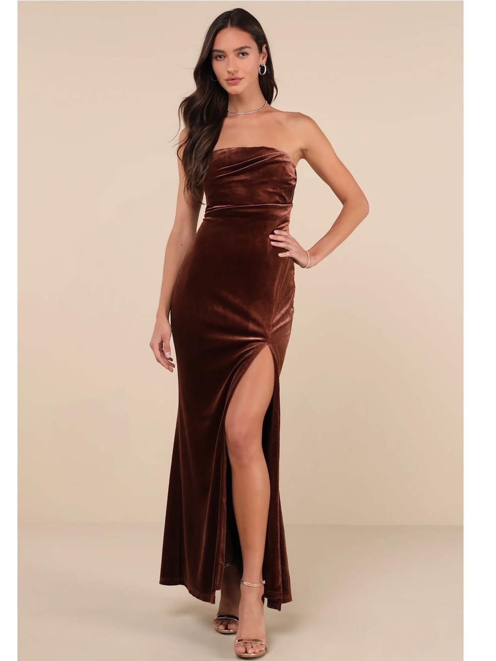 Lulus Perfectly Captivating Brown Velvet Strapless Maxi Dress Event Formal NWT S